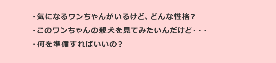 ・気になるワンちゃんがいるけど、どんな性格？　・このワンちゃんの親犬を見てみたいんだけど・・・　・何を準備すればいいの？